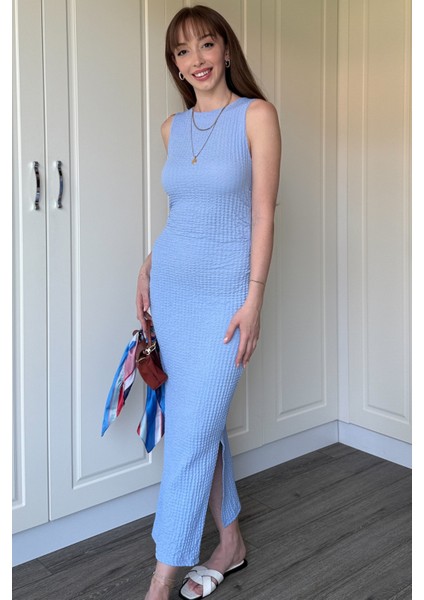 Gofre Kumaş Mavi Midi Elbise