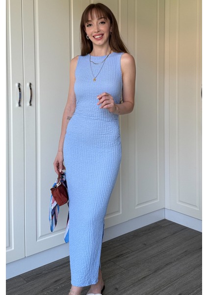 Gofre Kumaş Mavi Midi Elbise