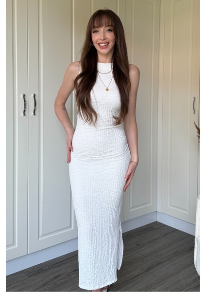 Gofre Kumaş Beyaz Midi Elbise modelleri