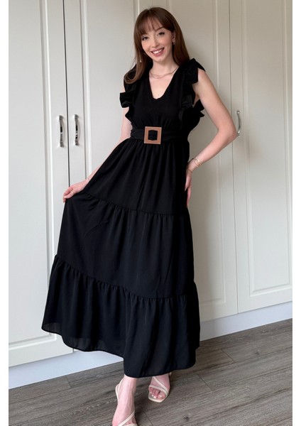 Siyah Kol Fırfırlı Yırtmaçlı Uzun Elbise modelleri