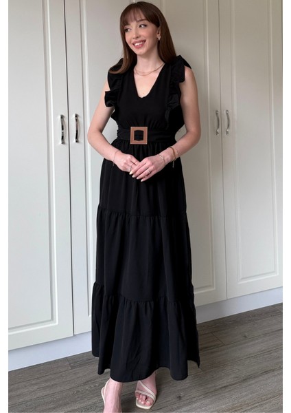 Siyah Kol Fırfırlı Yırtmaçlı Uzun Elbise fırsatları