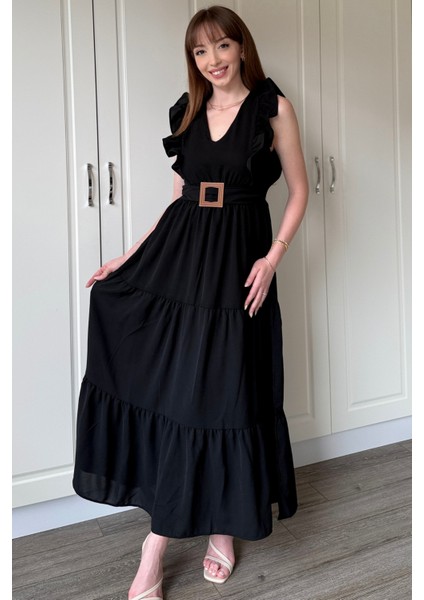 Siyah Kol Fırfırlı Yırtmaçlı Uzun Elbise