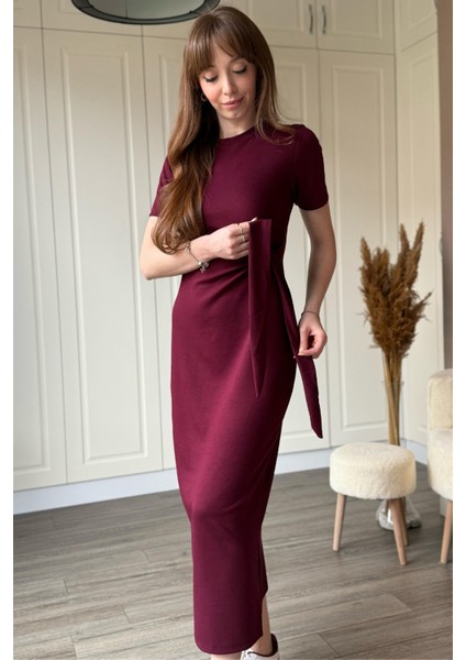 Bağlamalı Bordo Midi Modal Elbise