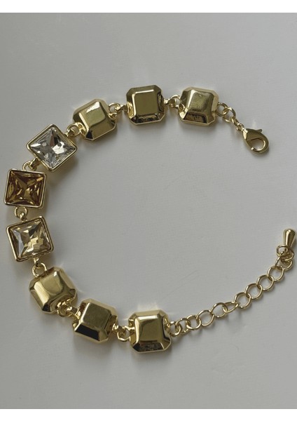 Toprak Tonlarında Parlak Renkli Kare Taşlı Gold İthal Bileklik