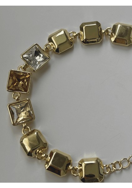 Toprak Tonlarında Parlak Renkli Kare Taşlı Gold İthal Bileklik fiyatları