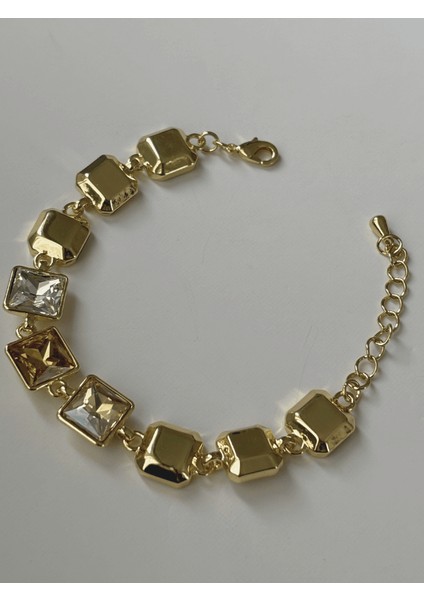 Toprak Tonlarında Parlak Renkli Kare Taşlı Gold İthal Bileklik modelleri