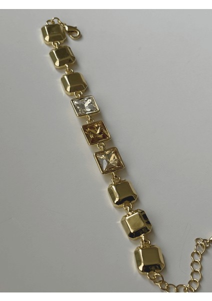 Toprak Tonlarında Parlak Renkli Kare Taşlı Gold İthal Bileklik fırsatları