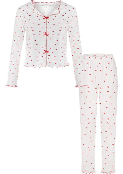 Kadın Pamuklu Çıtır Çiçek Desenli Baby Overloklu Fiyonk Detaylı Uzun Kollu Pijama Takımı