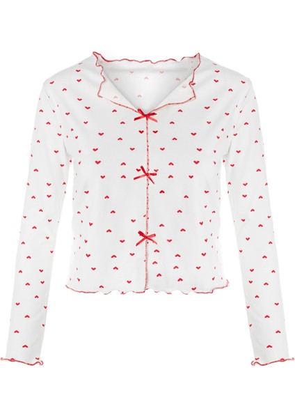 Kadın Pamuklu Çıtır Çiçek Desenli Baby Overloklu Fiyonk Detaylı Uzun Kollu Pijama Takımı