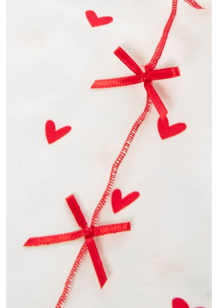 Kadın Pamuklu Çıtır Çiçek Desenli Baby Overloklu Fiyonk Detaylı Uzun Kollu Pijama Takımı