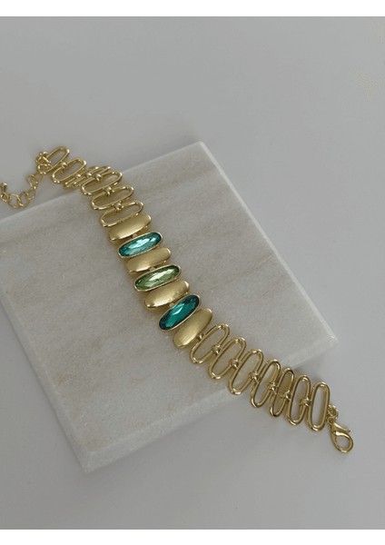 Mavi ve Yeşil Tonlarında Altın Detaylı Oval Şekilli Gold Ithal Bileklik fiyatları
