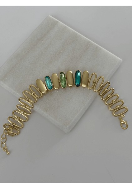 Mavi ve Yeşil Tonlarında Altın Detaylı Oval Şekilli Gold Ithal Bileklik modelleri