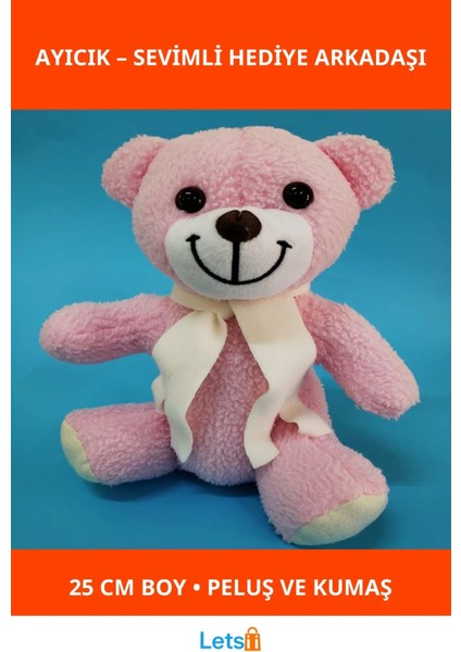 Pembe Peluş Atkılı Oyuncak Ayıcık 25 cm