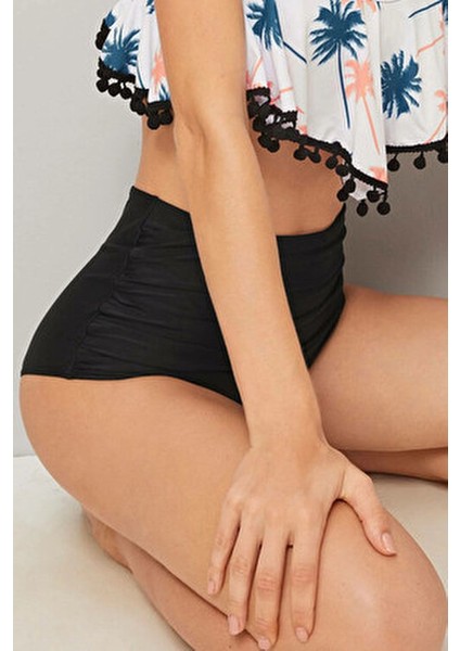 Kadın Yüksek Bel Bikini Altı Siyah Renk Astarlı Polyamid Likra Kumaş