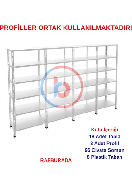 6 Katlı 4'lü Galvaniz Çelik Raf - Depo, Arşiv, Kiler, Dosya, Market Rafı - 31x75 cm-250 cm-1.00 mm fırsatları