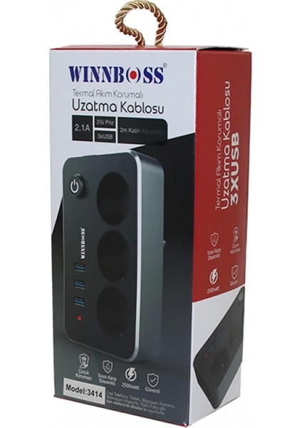 Termal Akım Korumalı 2.1A 3lü Priz 3xusb 2mt Anahtarlı Uzatma Kablo Siyah (5324)