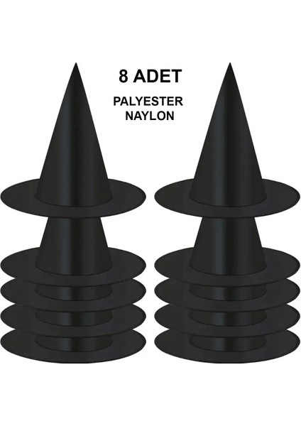 8 Adet Siyah Cadı Şapkası – Yetişkin &amp; Çocuk Kostüm Aksesuarı