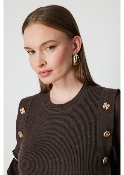 Balon Kol Süs Düğmeli Triko Kazak 60416 modelleri