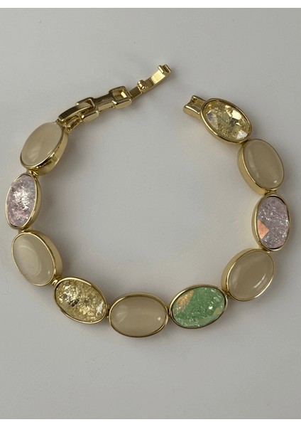 Rengarenk Sedef Yansımalı Oval Şekilli Gold İthal Bileklik fiyatları