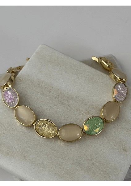 Rengarenk Sedef Yansımalı Oval Şekilli Gold İthal Bileklik modelleri