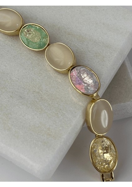 Rengarenk Sedef Yansımalı Oval Şekilli Gold İthal Bileklik fırsatları