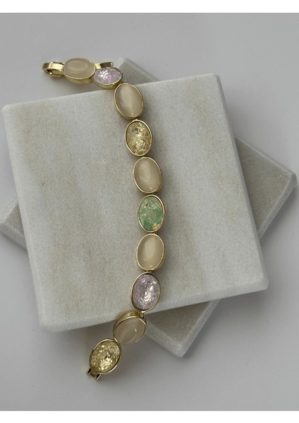 Rengarenk Sedef Yansımalı Oval Şekilli Gold İthal Bileklik indirimleri