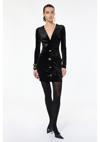 Kadın V Yaka Uzun Kollu Metal Aksesuarlı Slim Fit Kadife Elbise 6WAK80121FK