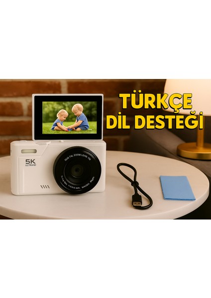 5k UHD 75 Mp Dijital Kamera | 18X Zoom | Retro Tasarım | Vlog & Seyahat Fotoğrafçılığı (Beyaz)