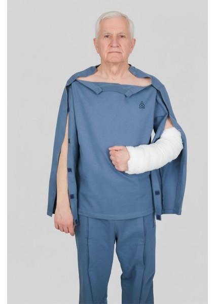Adaptif Uzun Kollu Denim Mavi Kırık Kol - Ortopedi Tedavi Kıyafeti indirimleri