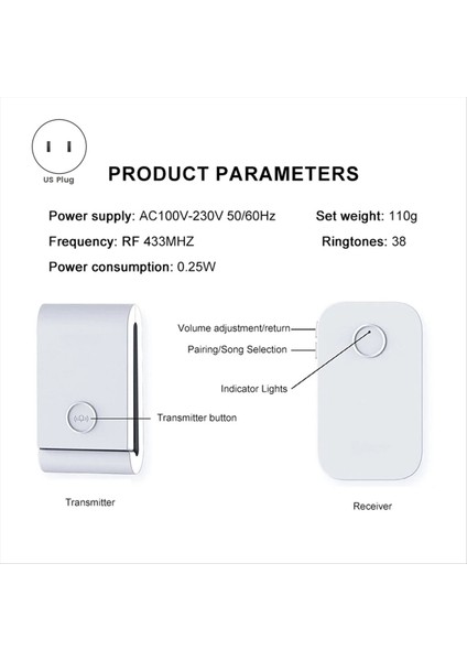 433 Mhz Kendinden Üretici Kablosuz Kapı Zili 38 Zil Sesleri Dingdong Kapı Zili Yaşlı Çekme Us-Plug Için (Yurt Dışından) fırsatları