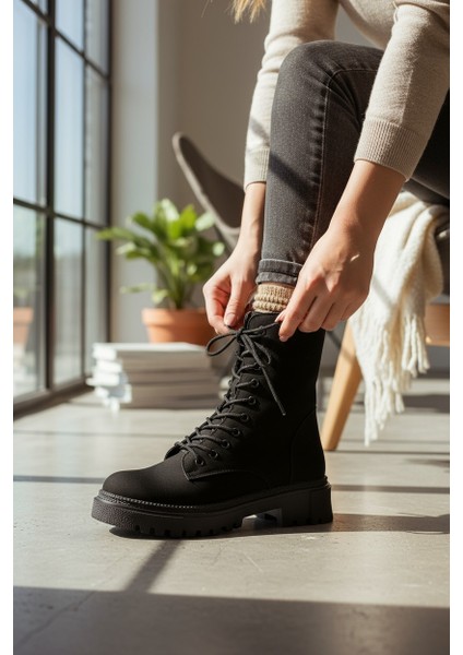 Zarif Siyah Nubuk Fermuarlı&bağcıklı Kauçuk Taban Kadın Yarım Bot fırsatları