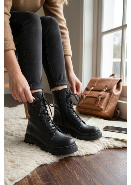 Zarif Siyah Fermuarlı& Bağcıklı Kauçuk Taban Kadın Yarım Bot