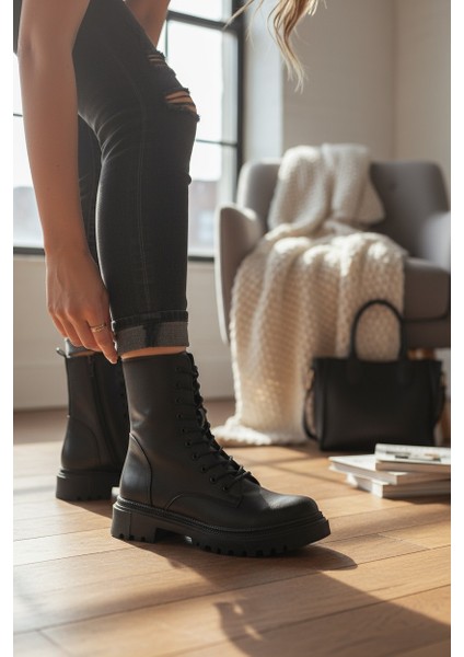 Zarif Siyah Fermuarlı& Bağcıklı Kauçuk Taban Kadın Yarım Bot fırsatları