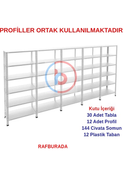 6 Katlı 5'li Galvaniz Çelik Raf - Depo, Arşiv, Kiler, Dosya, Market Rafı - 31x60 cm-150 cm-1.50 mm indirimleri