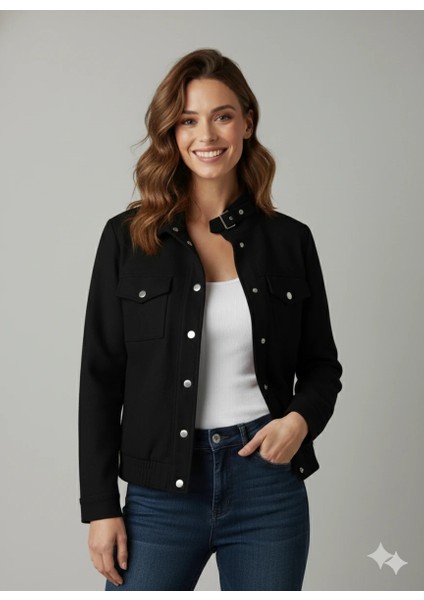 Kadın Taba Zarif Kısa Ceket Toka Detaylı Dik Yaka Cepli Süet/kaşe Baharlık Ceket