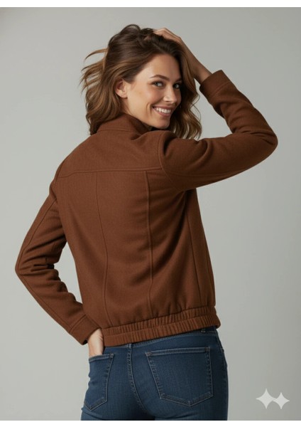 Kadın Taba Zarif Kısa Ceket Toka Detaylı Dik Yaka Cepli Süet/kaşe Baharlık Ceket