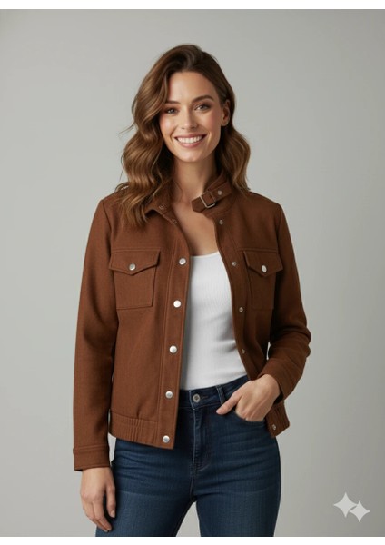 Kadın Taba Zarif Kısa Ceket Toka Detaylı Dik Yaka Cepli Süet/kaşe Baharlık Ceket fiyatları