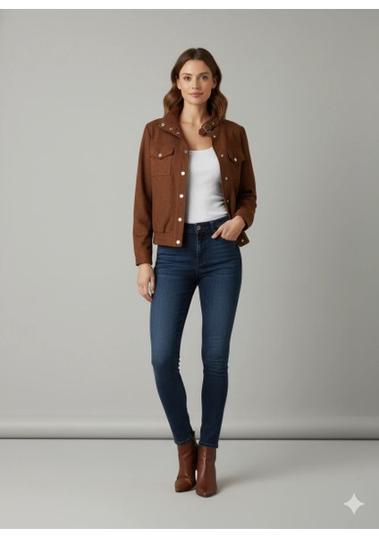 Kadın Taba Zarif Kısa Ceket Toka Detaylı Dik Yaka Cepli Süet/kaşe Baharlık Ceket modelleri