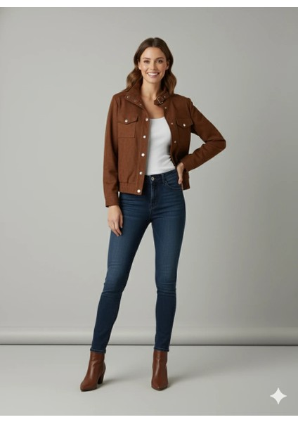 Kadın Taba Zarif Kısa Ceket Toka Detaylı Dik Yaka Cepli Süet/kaşe Baharlık Ceket indirimleri