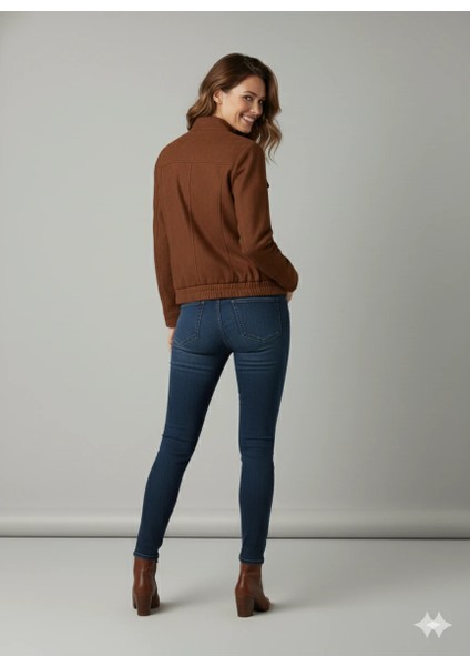 Kadın Taba Zarif Kısa Ceket Toka Detaylı Dik Yaka Cepli Süet/kaşe Baharlık Ceket