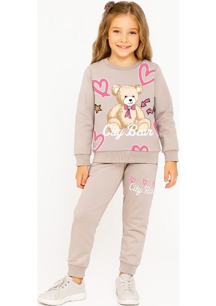 Kız Çocuk 2 Iplik Şardonsuz Ayıcık Baskılı Alt-Üst Takım-3 -10 Yaş 12415