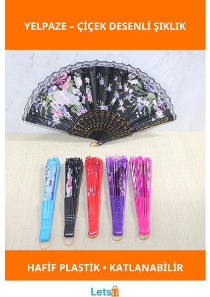 Şık Renkli Çiçek Desenli Katlanabilir Plastik Yelpaze