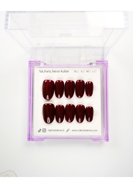 15'li Bordo Kısa Oval TT1420 Tekrar Kullanılabilir El Yapımı Protez Takma Tırnak - Bordo-XS modelleri