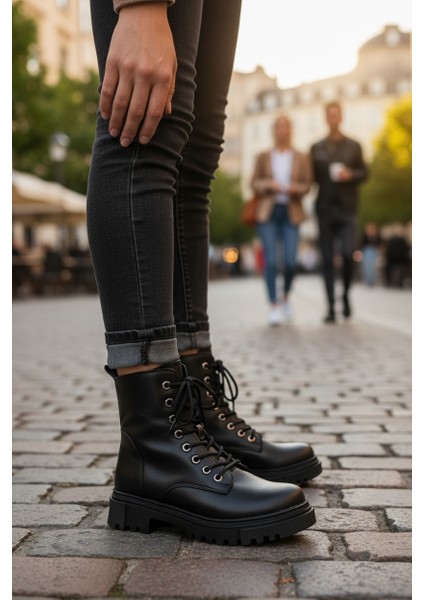 Zarif Siyah Fermuarlı& Bağcıklı Kauçuk Taban Kadın Bot