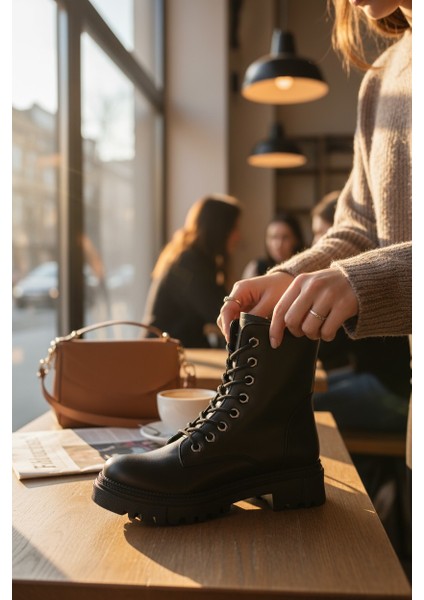 Zarif Siyah Fermuarlı& Bağcıklı Kauçuk Taban Kadın Bot indirimleri