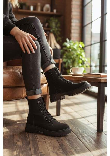 Zarif Siyah Nubuk Fermuarlı&bağcıklı Kauçuk Taban Kadın Bot fiyatları