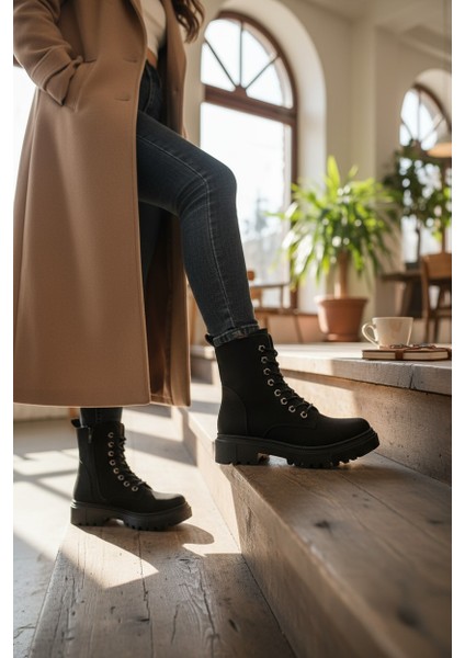Zarif Siyah Nubuk Fermuarlı&bağcıklı Kauçuk Taban Kadın Bot modelleri