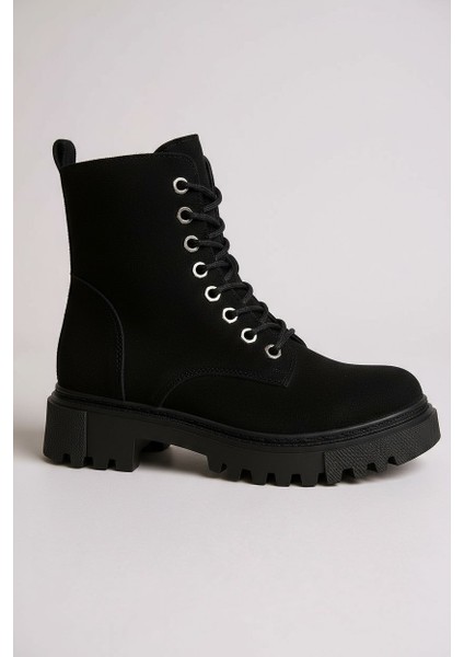 Zarif Siyah Nubuk Fermuarlı&bağcıklı Kauçuk Taban Kadın Bot fırsatları