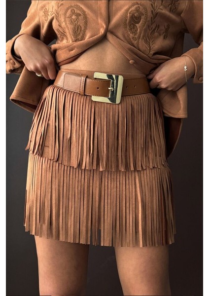 Kadın Siyah Püsküllü Mini Etek Katmanlı Saçaklı Süet/scuba Kumaş Abiye Party Eteği