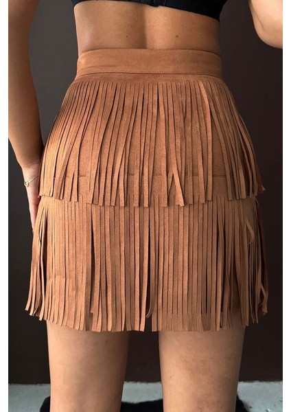 Kadın Siyah Püsküllü Mini Etek Katmanlı Saçaklı Süet/scuba Kumaş Abiye Party Eteği fiyatları